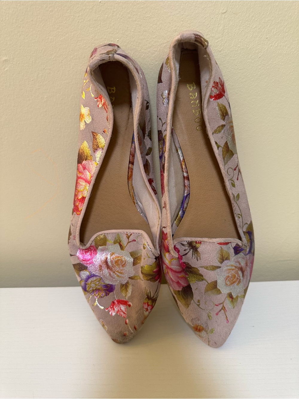 BAMBOO Blush Pink Floral Pointed Slip-On Flats